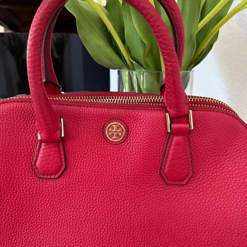 Tory Burch Cherry Red Robinson Satchel Pebbled Leather
